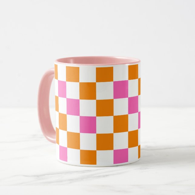 Mug Motif à carreaux orange blanc rose  (Devant gauche)