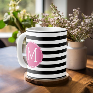 Mug Motif à rayures noir et blanc Monogramme rose chau