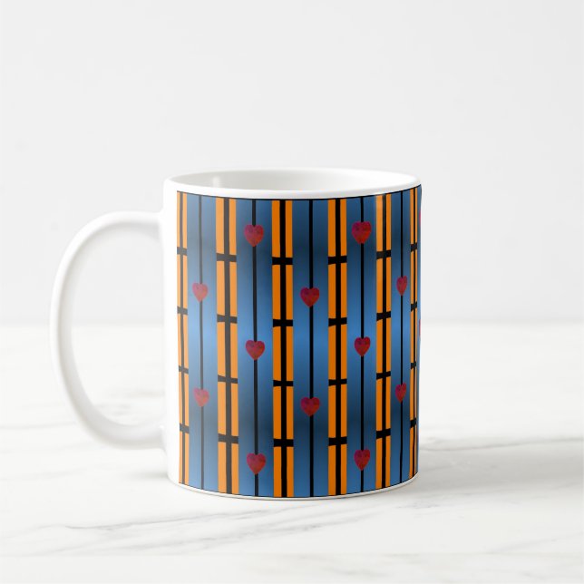 Mug Motif Abstrait Blue Orange Grid avec Coeurs rouges (Gauche)