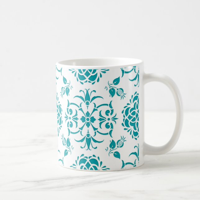 Mug Motif Aqua et blanc de Damas florales (Droite)