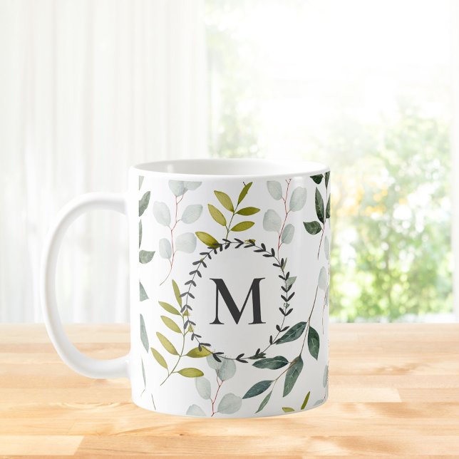 Mug Motif aquarelle de feuilles vertes monogrammées (In situ)