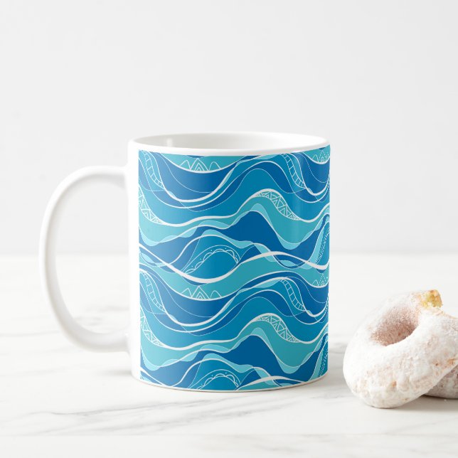 Mug Motif avec vagues bleues avec motif tribal blanc (Avec donut)