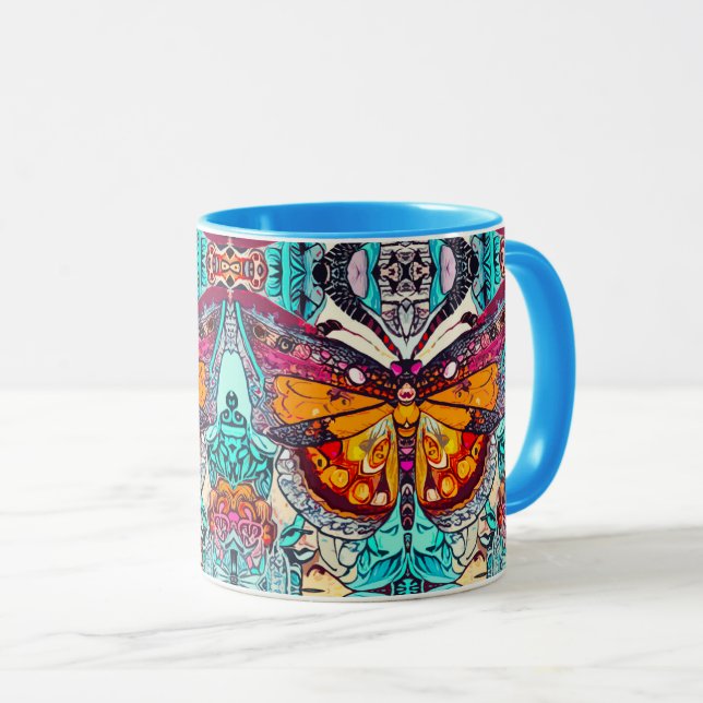 Mug Motif Batik des papillons et Médaillons à Orange (Devant droit)