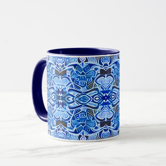 Mug Motif Batik tribal en Indigo bleu et blanc (Devant gauche)