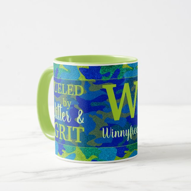 Mug Motif camouflage bleu clair et vert pailleté Nom (Devant gauche)
