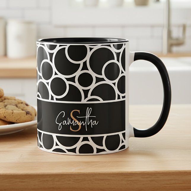 Mug Motif Cercle noir et blanc avec Monogramme (black and white circle pattern mug with name)