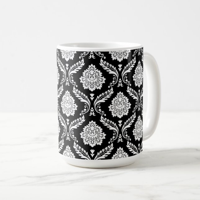 Mug Motif Damassé Rococo Blanc sur Noir (Devant droit)