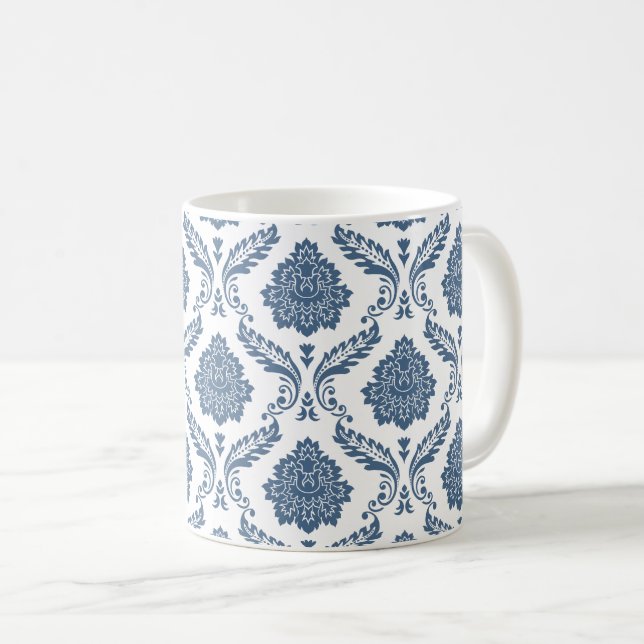 Mug Motif Damassé Rococo Bleu sur Fond Blanc (Devant droit)