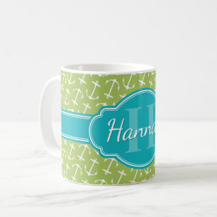Mug Motif d'Ancre blanc vert Turquoise Monogramme