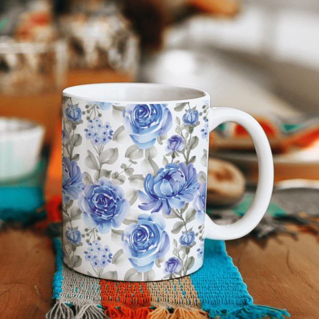 Mug Motif d'aquarelle Art Floral Bleu (Créateur téléchargé)