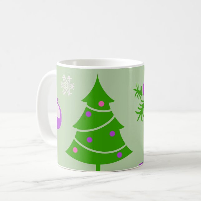 Mug Motif d'arbres de Noël, d'ornements et de flocons  (Devant gauche)