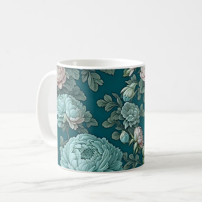 Mug Motif de Blue Peonies sur un Arrière - plan vert (Devant gauche)