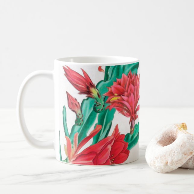 Mug Motif de cactus à fleurs rouges vertes (Avec donut)