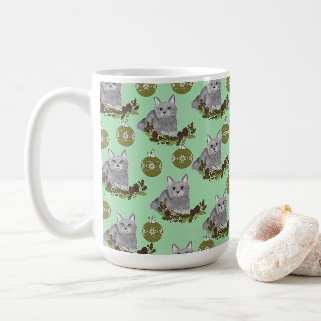 Mug Motif de chat gris avec ornements verts (Avec donut)