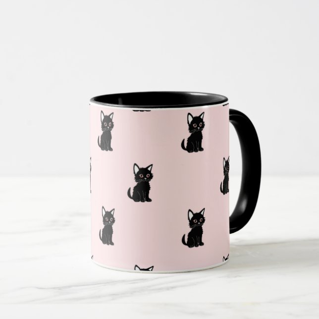 Mug Motif de chat noir mignon sur fond rose pastel (Devant droit)