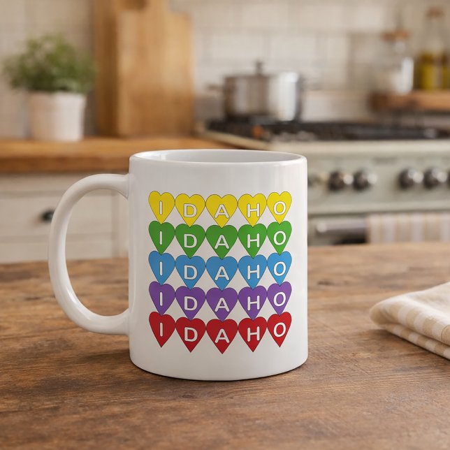 Mug Motif de cœur coloré de l'Idaho (A mug that says Idaho in a rainbow heart pattern)