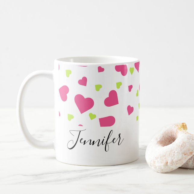 Mug Motif de Coeurs Rose et Vert mignon (Avec donut)