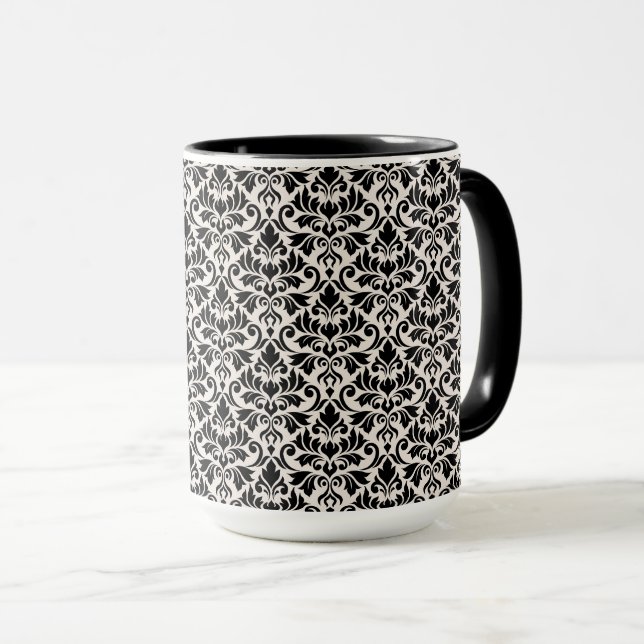 Mug Motif de Damas Flourish Noir sur Crème (Devant droit)