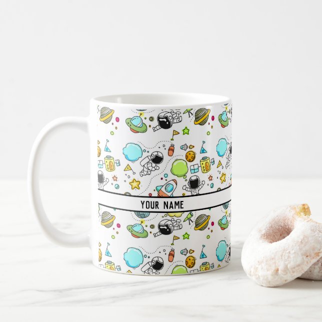 Mug Motif de dessin de mission spatiale - Nom personna (Avec donut)