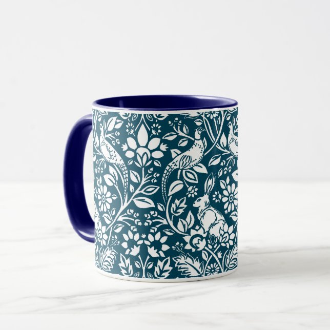 Mug Motif de faisan et lièvre, Indigo Blue & White (Devant gauche)