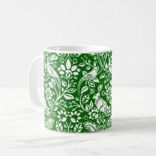 Mug Motif de faisan et lièvre, vert émeraude et blanc