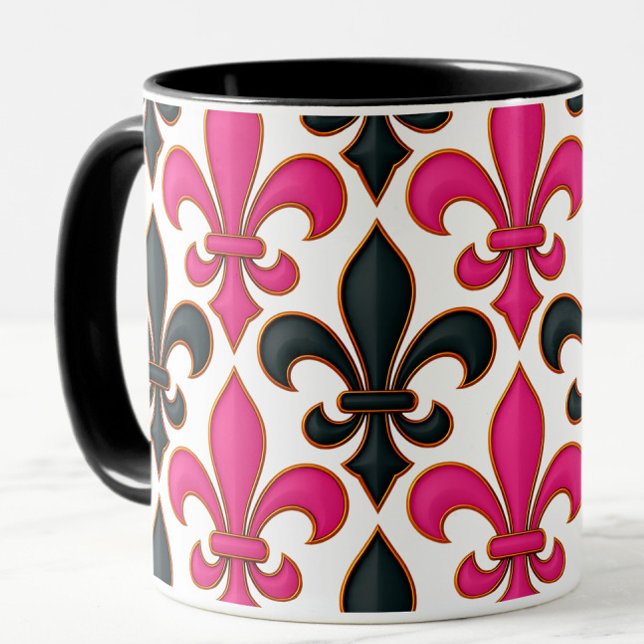 Mug Motif de fleur de lis baroque noir rose Design  (Créateur téléchargé)