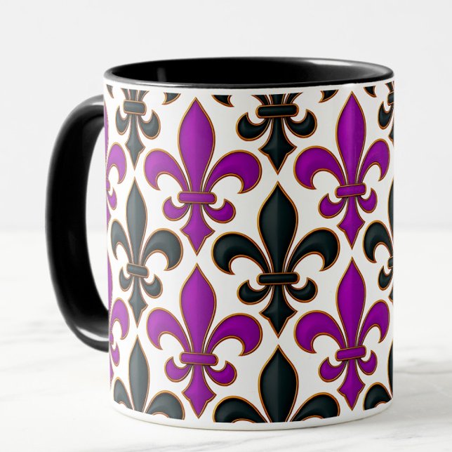 Mug Motif de fleur de lis baroque noir violet  (Créateur téléchargé)