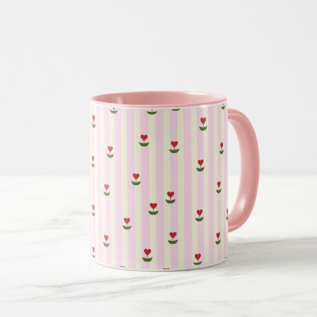 Mug Motif de fleur en forme de cœur doux – Rayures ros (Devant droit)