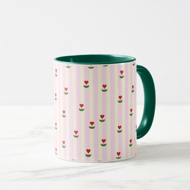 Mug Motif de fleur en forme de cœur doux – Rayures ros (Devant droit)
