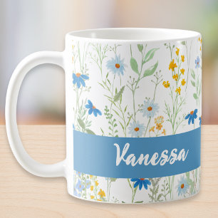 Mug Motif de fleur sauvage aquarelle bleue nom personn