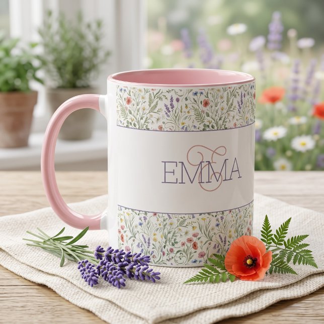 Mug Motif de fleur sauvage lavande boho avec nom monog (Créateur téléchargé)