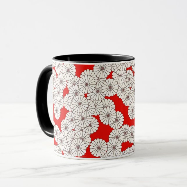 Mug Motif de fleurs Art Déco - blanc sur rouge (Devant gauche)