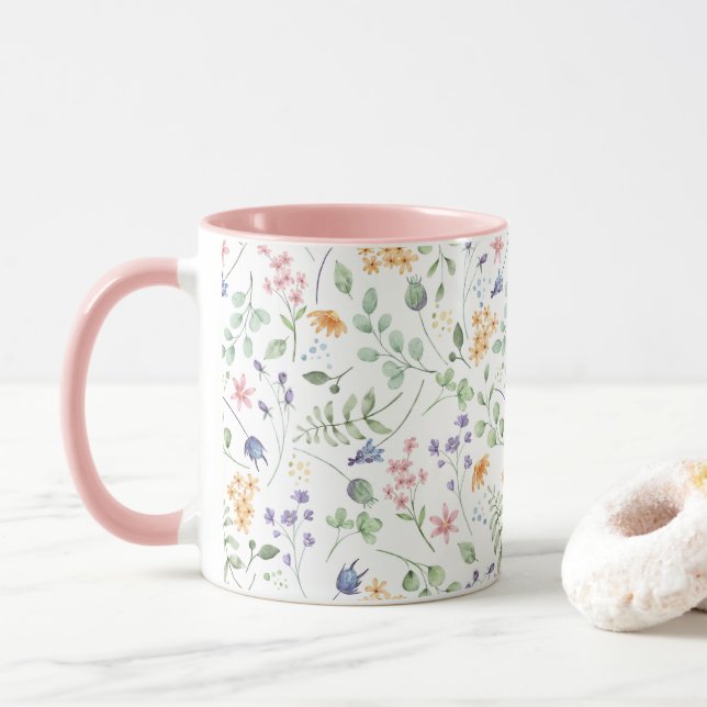 Mug Motif de fleurs d'aquarelle (Avec donut)