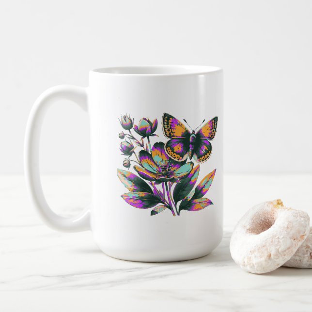 Mug Motif de fleurs de papillon vibrant (Avec donut)
