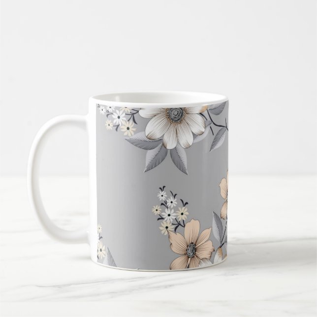 Mug motif de fleurs grises et blanches sur fond gris (Gauche)