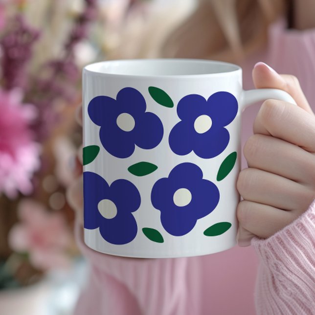 Mug Motif de fleurs rétro Abstrait en bleu gras (navy blue abstract floral art coffee mug)