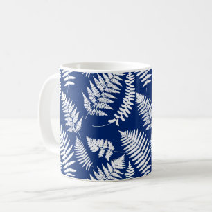 Mug Motif de fougères de bois, bleu de cobalt et blanc