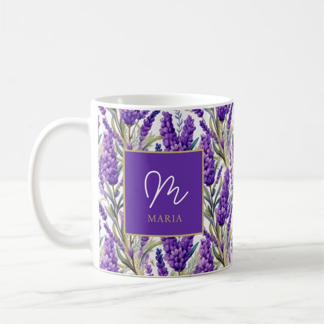 Mug Motif de lavande violet étonnant Monogramme (Gauche)