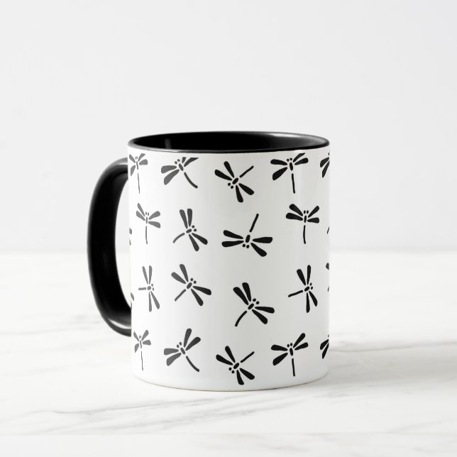 Mug Motif de libellules japonais, noir et blanc (Devant gauche)