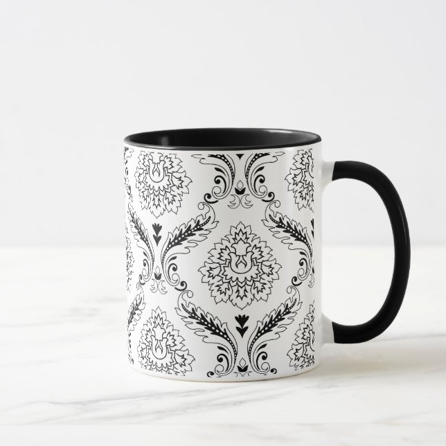 Mug Motif de ligne en damas rococo noir sur blanc (Droite)