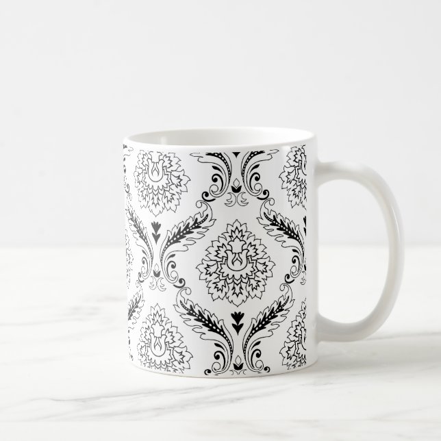 Mug Motif de ligne en damas rococo noir sur blanc (Droite)