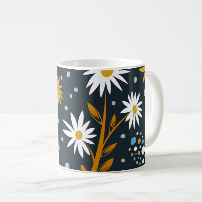Mug Motif de marguerites modernes sur fond bleu foncé (Devant droit)