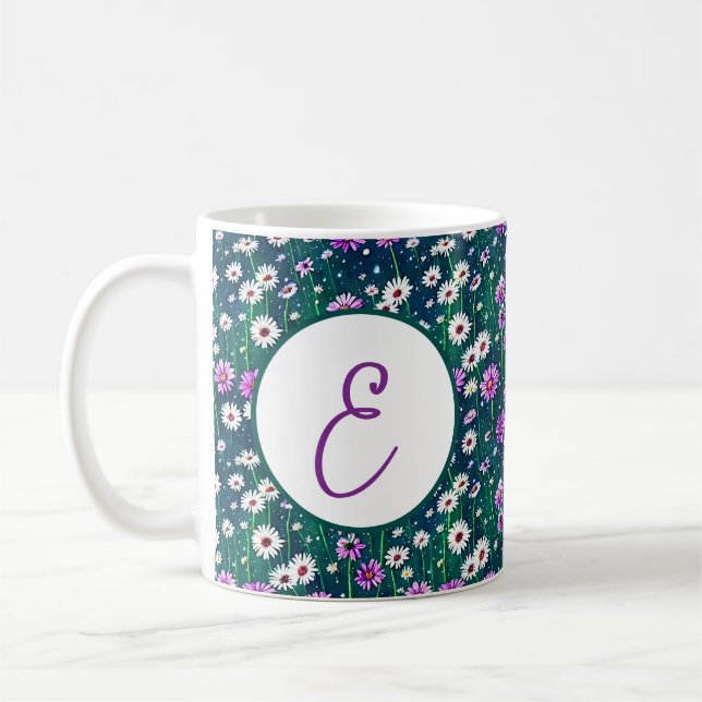 Mug Motif de marguerites violettes et blanches monogra (Gauche)
