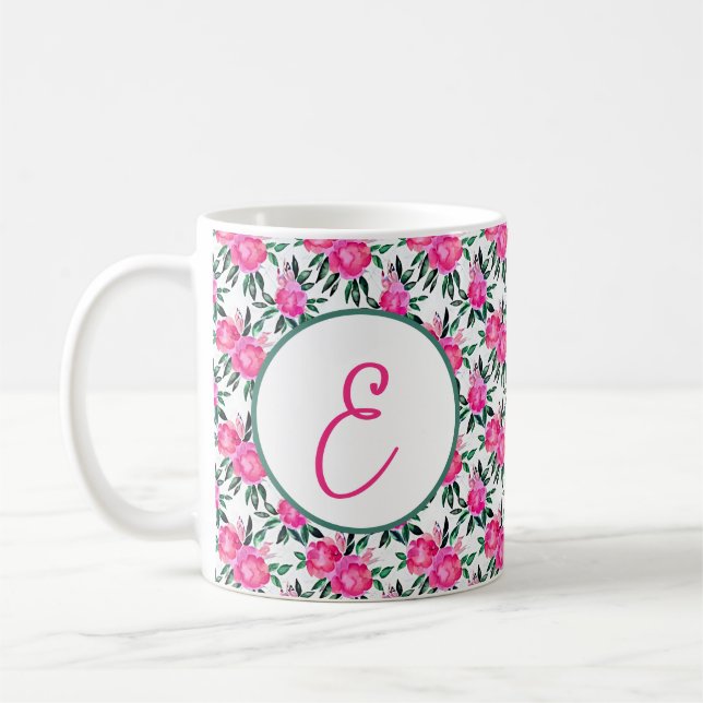 Mug Motif de monogramme de roses aquarelles roses (Gauche)