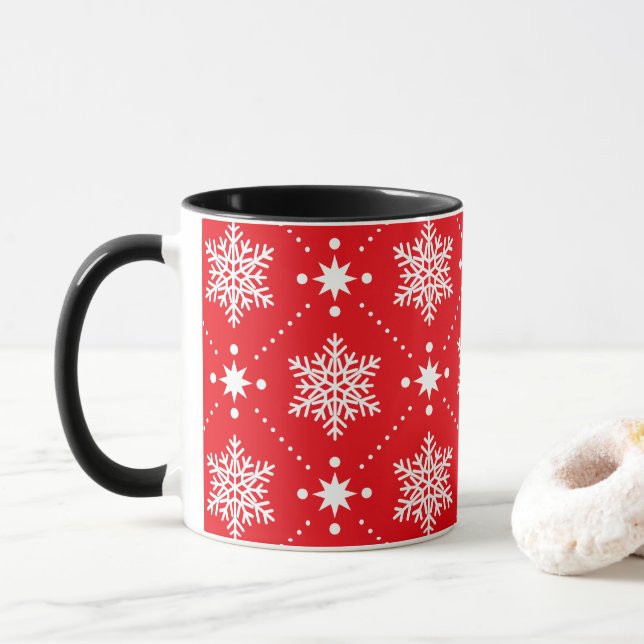Mug Motif de Noël classique Red et White Snowflakes (Avec donut)