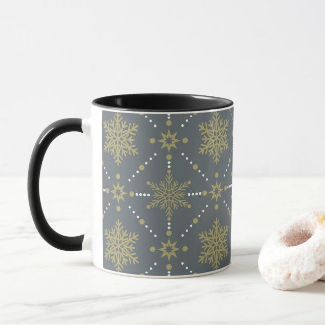 Mug Motif de Noël Gris et Gold Snowflakes (Avec donut)