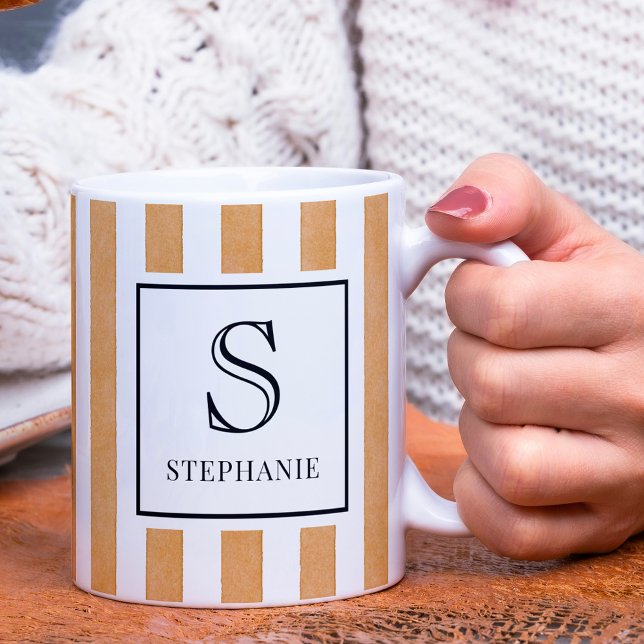 Mug Motif de rayures aquarelles orange Monogramme & No (Créateur téléchargé)