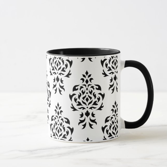 Mug Motif de répétition de damassé de crête - noir sur (Droite)