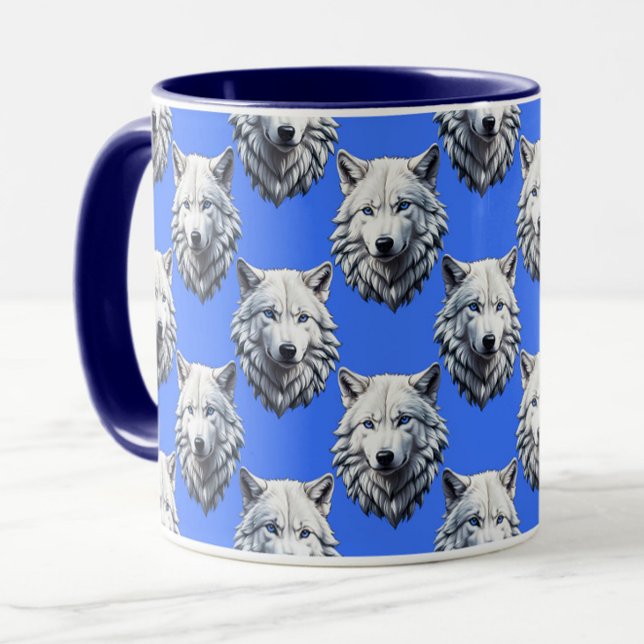 Mug Motif de tête de loup blanc Design bleu (Créateur téléchargé)