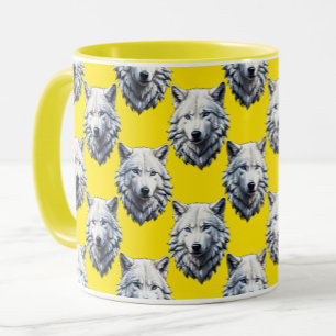 Mug Motif de tête de loup blanc design jaune 